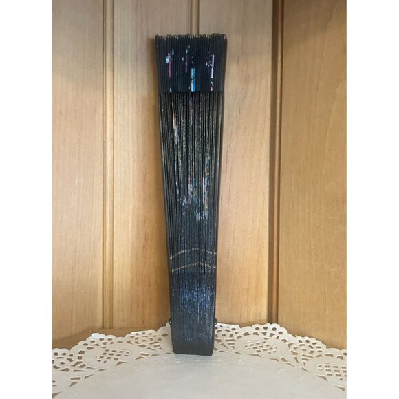 Vintage Black Handheld Wooden Black Folding Fan Hand Painted Floral Pink Roses - Picture 8 of 8